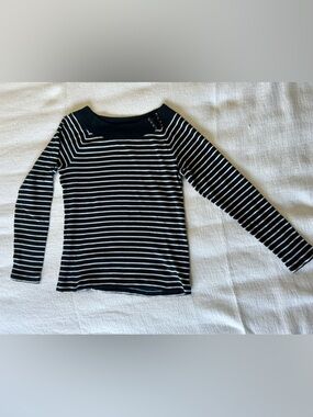 Ralph Lauren Navy and White Striped Knit Top with Lace-Up Collar - XL